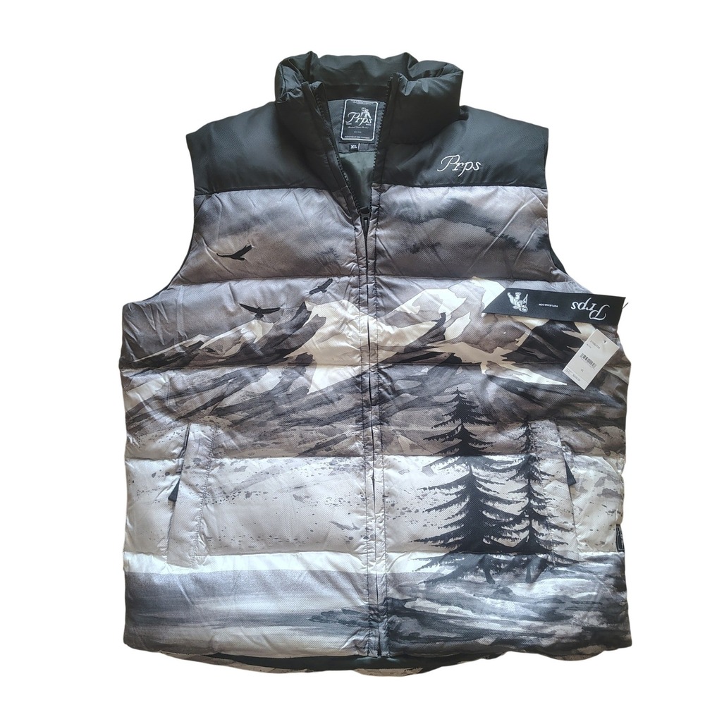 Prps Mens Mountain Landscape Puffer Vest Black Grey E109JT05 Size XL NWT